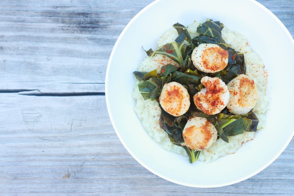 Seared Scallops with Spicy Cauliflower Grits & Greens Salt & Light
